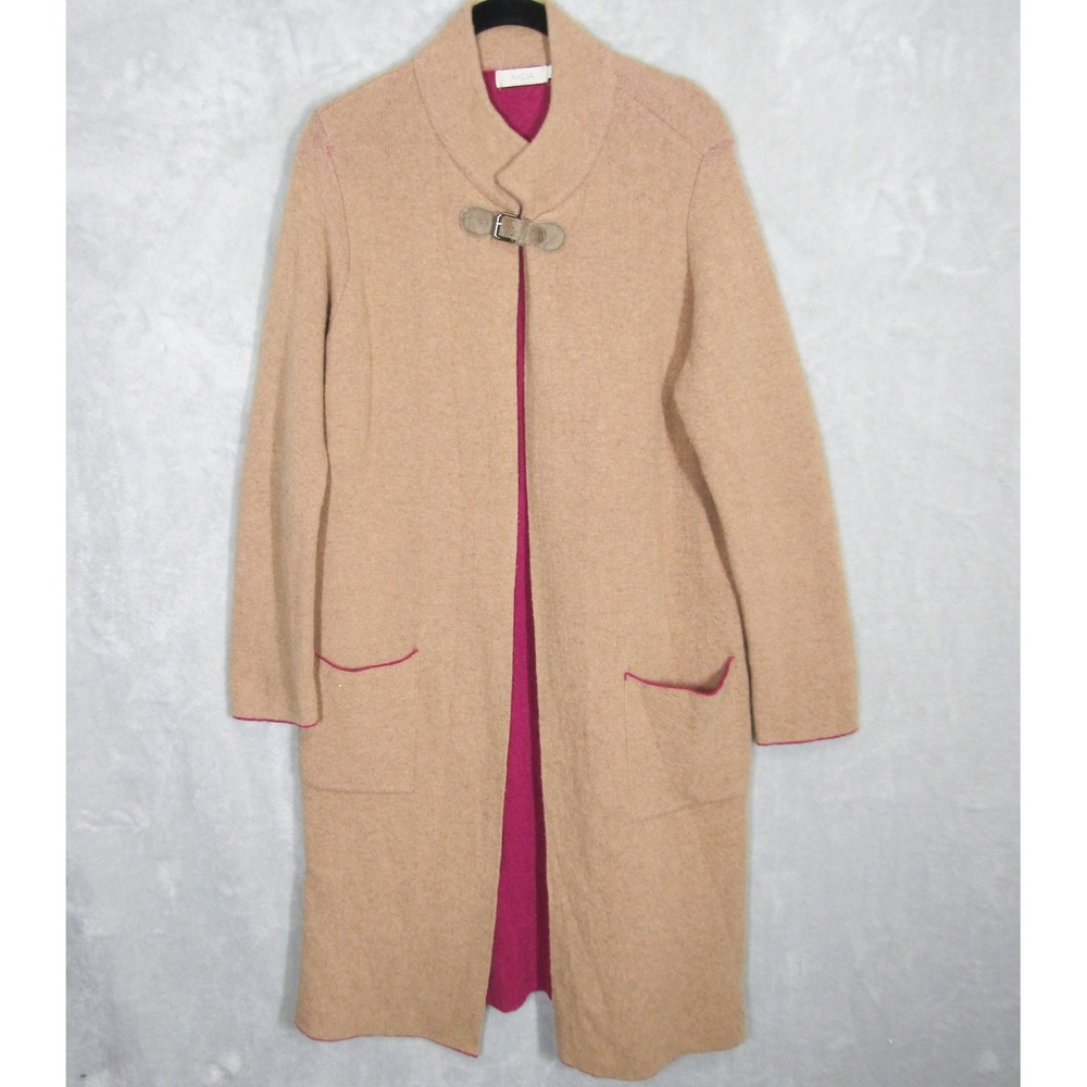 AIDA Cardigan Coat Women Large Camel Beige Wool Blend Pink Trim Buckle Closure